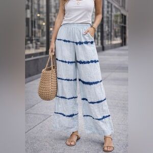 Tribal Tie-Dye Linen Blend Beach Pants Blue & White Elastic Waist NWT Size M